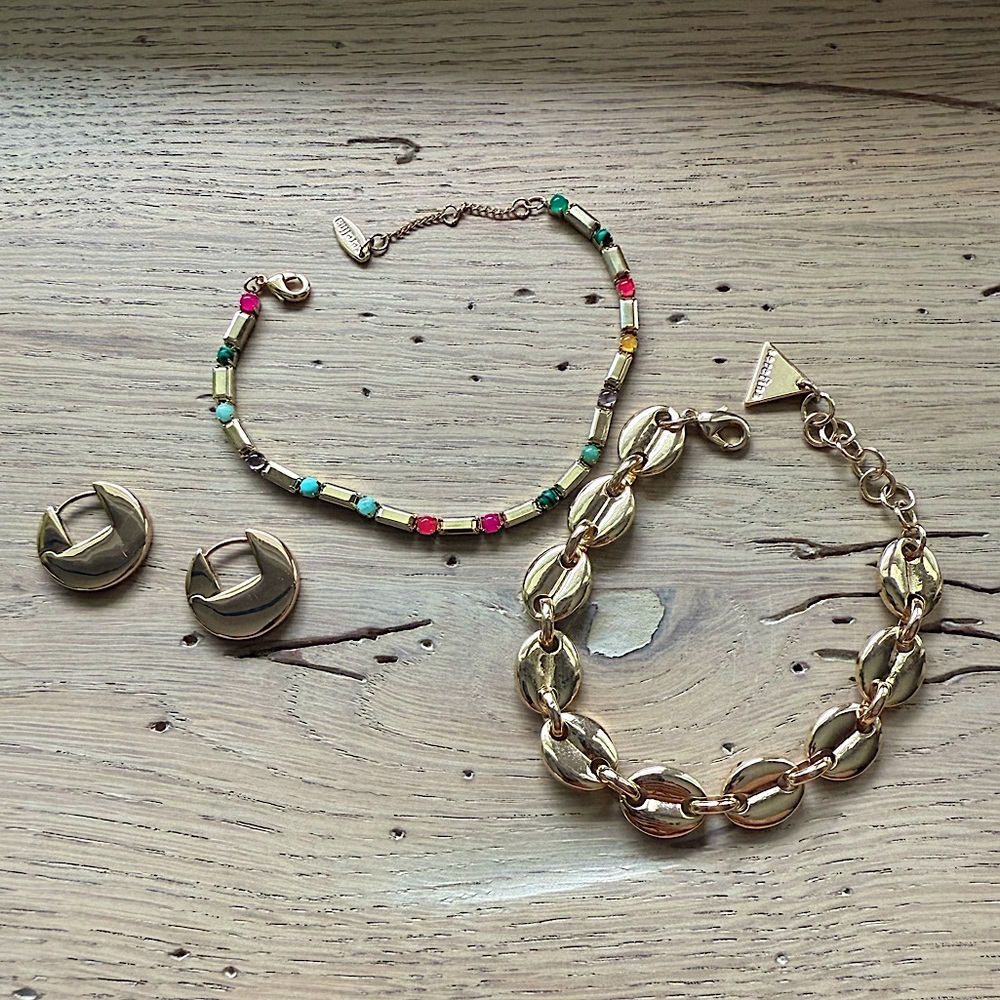 BUNDLE - Anthropologie Gold-Tone Jewelry - Solid Circle Earrings and 2 Bracelets